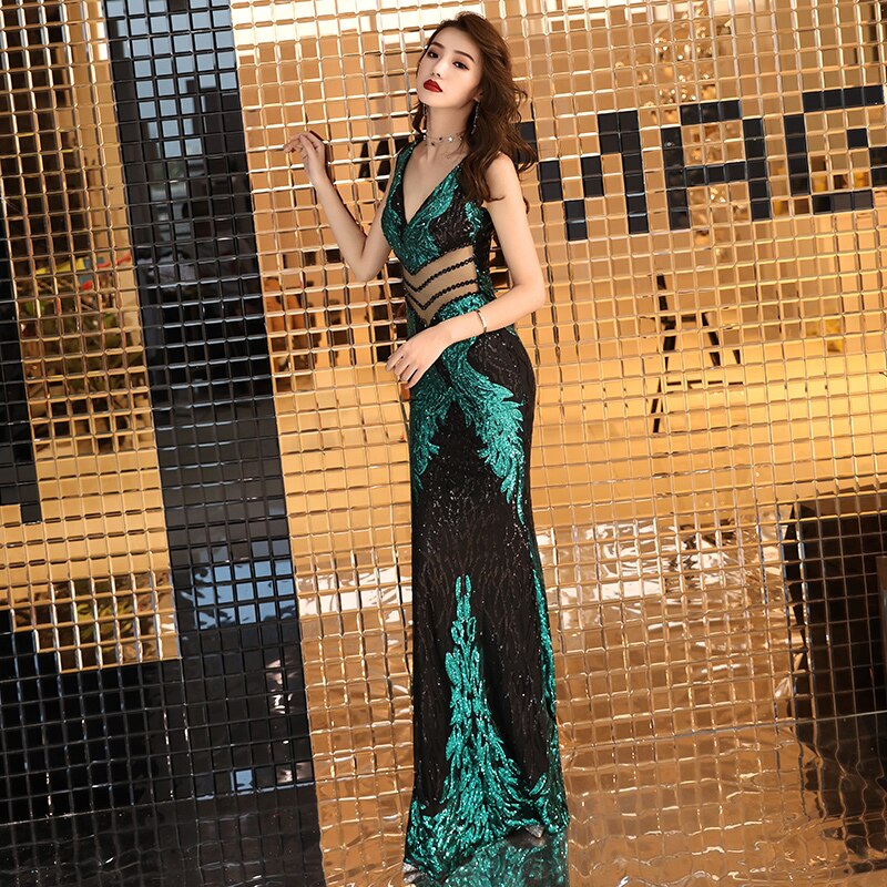wei yin 2021 New Double-V Long Evening Dress Robe De Soiree Sexy Backless Luxury Green Black Sequin Formal Party Dress Pom Gowns