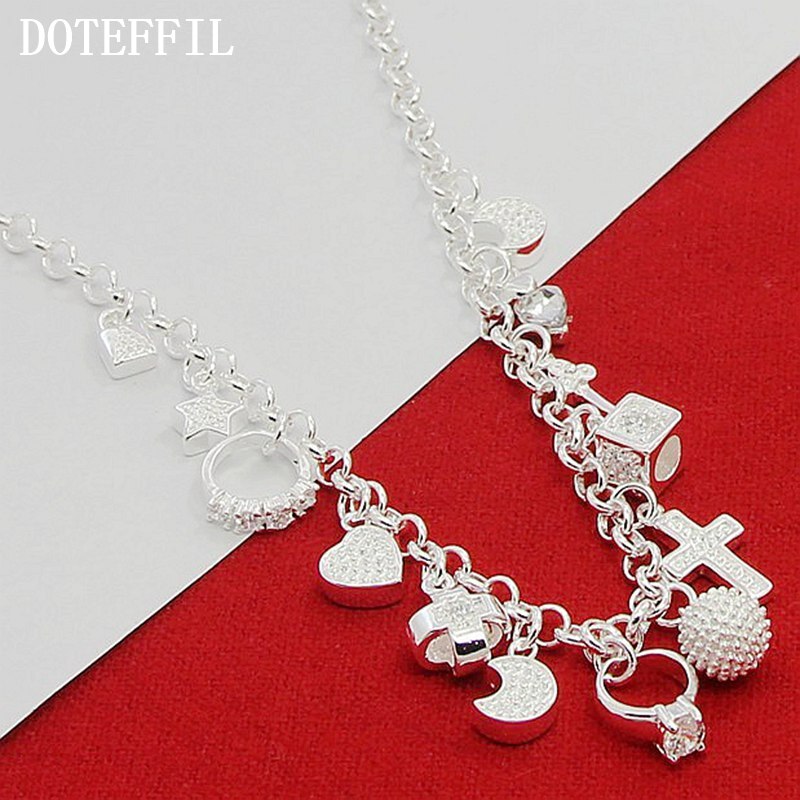 DOTEFFIL 925 Sterling Silver Cross Heart Moon Ball Multiple Pendants Chain Necklace For Woman Wedding Fashion Jewelry Charm