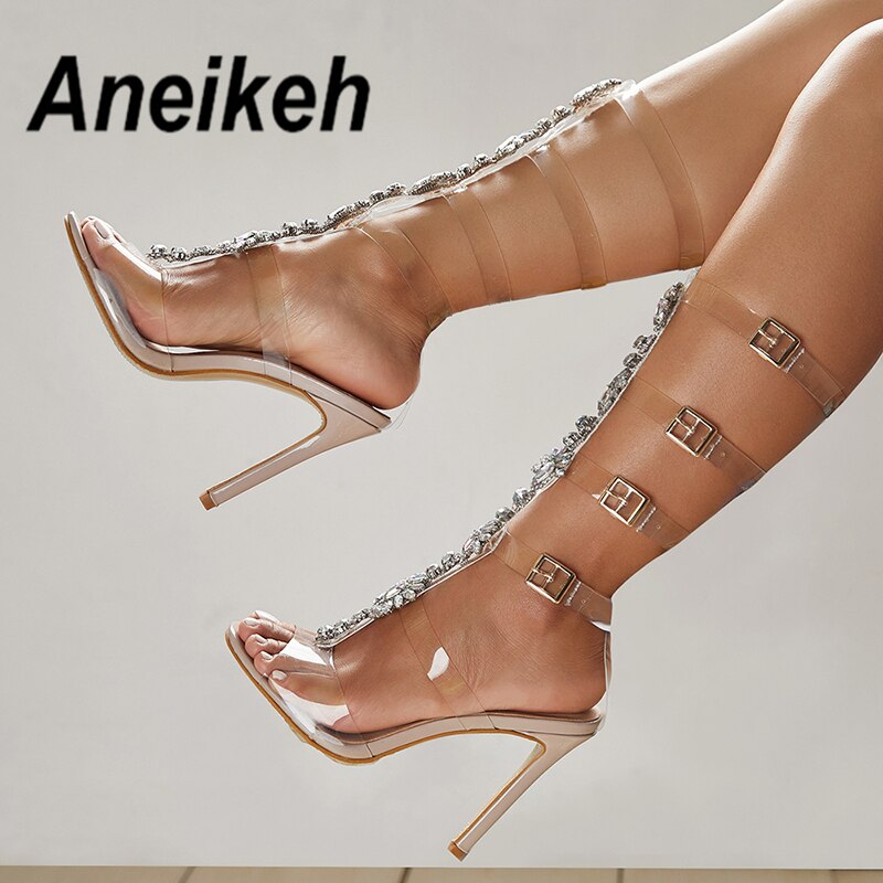 Aneikeh NEW Shoes Size 41 42 Sexy Gladiator knee High Transparent Buckle Sandals Fashion Crystal Flower High Heel Women Sandal
