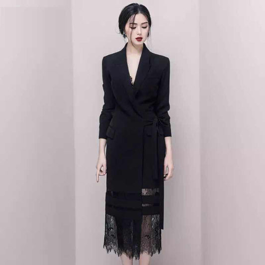 2020 High Quality Women Black Notched Collar Autumn Lace Patchwork Party Dress Vestidos Ladies Winter Casual Slim Dresses