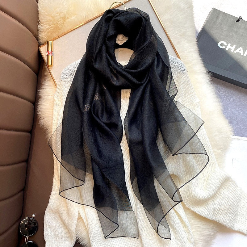 2020 Real Silk Wool Scarf Women Designer Brand Foulard Hijab Scarves Lady Pashmina Black White Red Bandana Neck Shawls Wraps