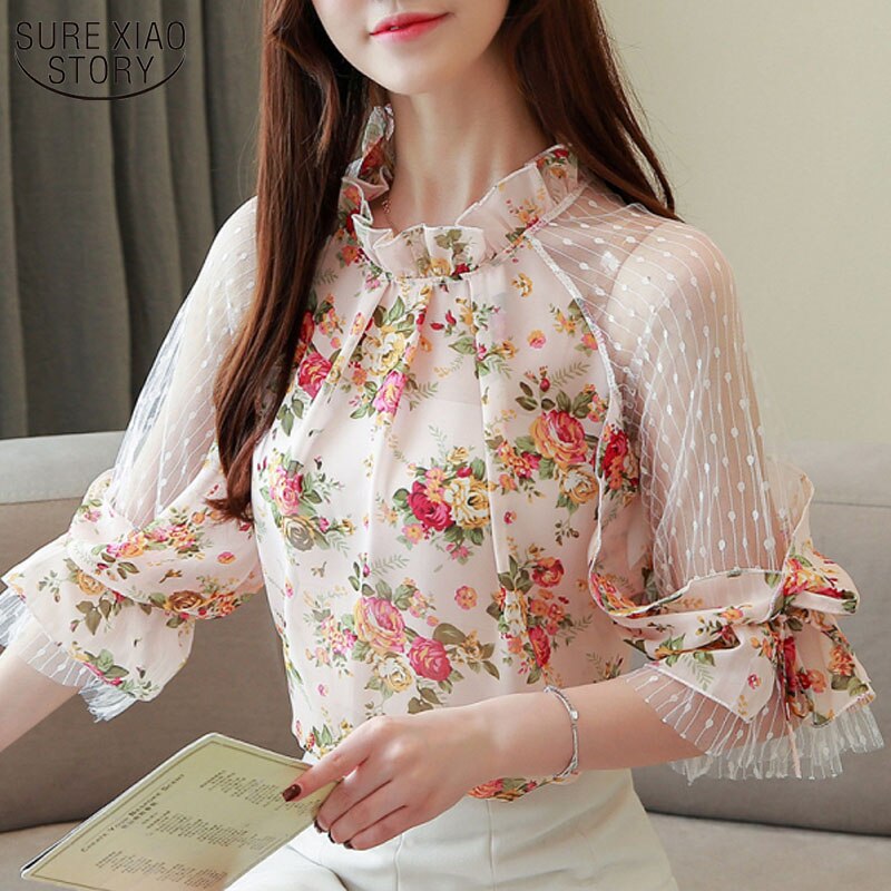 Blusas Mujer 2022 Summer Women Tops and Blouses Camisas Mujer Floral Print Lace Chiffon Blouse Fashion Chic Women Shirts 4068