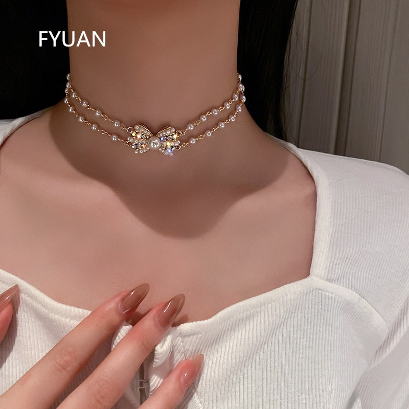FYUAN Korean Style Small Bowknot Crystal Choker Necklaces for Women Pearl Chain Rhinestone Necklaces Weddings Jewelry
