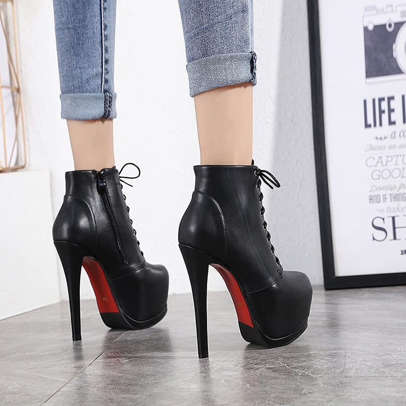 Women Autumn Ankle Boots Sexy High Heels Platform Boots Round Toe Leather Booties Black Shoes Ladies Party Shoes New 2022