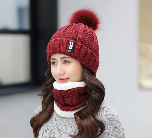 Women Wool Knitted Hat Ski Hat Sets For Female Windproof Winter Outdoor Knit Warm Thick Siamese Scarf Collar Warm Hat Girl Gift