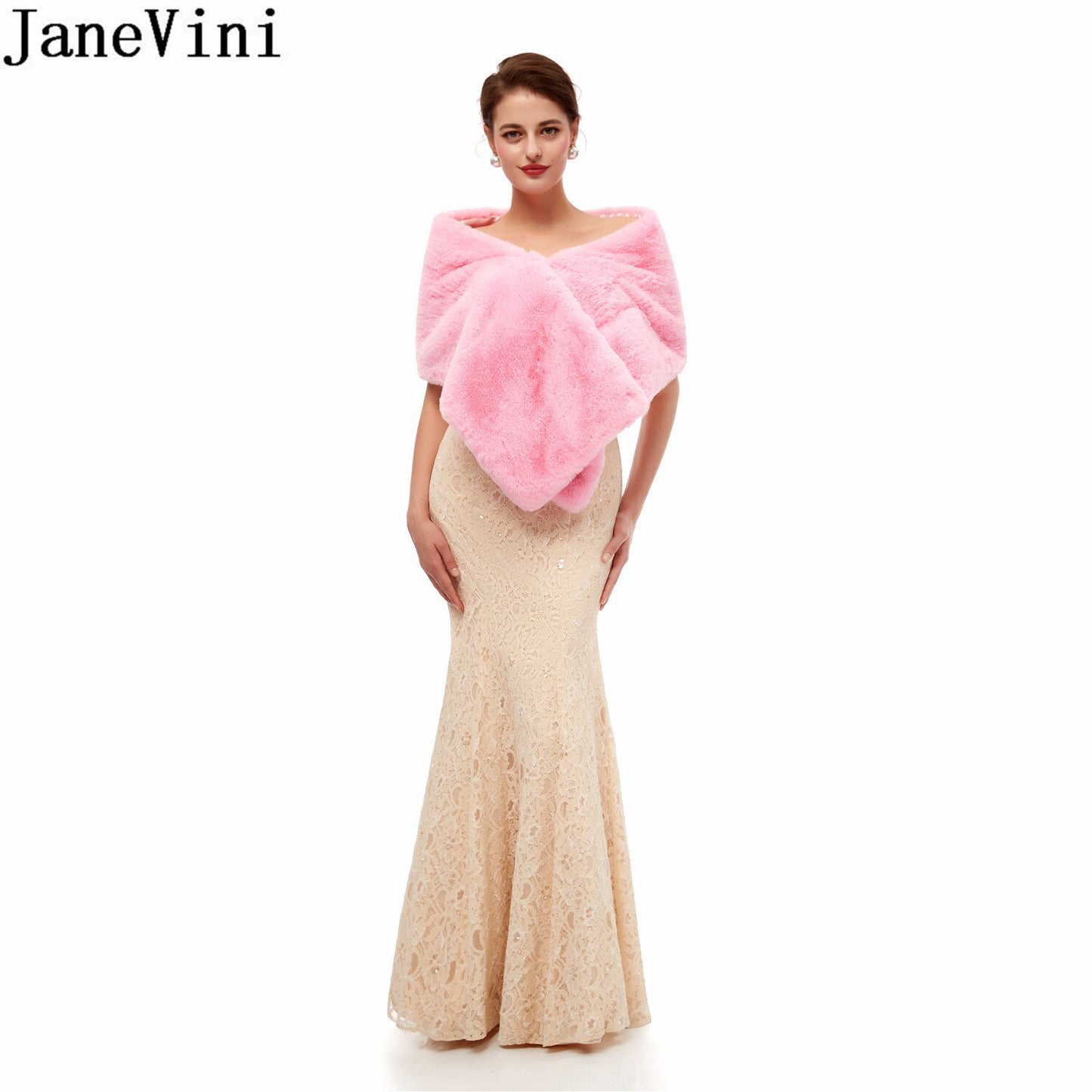 JaneVini Dark Green Winter Faux Fur Stoles 2020 Bridal Shawl Fake Fur Wraps Wedding Capes Black Blue Pink Purple Brown Bolero