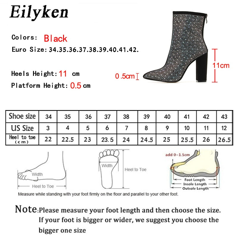 Eilyken 2022 Fashion Sexy Banquet Women&#39;s Boots Thick with Square Head Shiny Rhinestones Thin Nightclub High Heel Boots