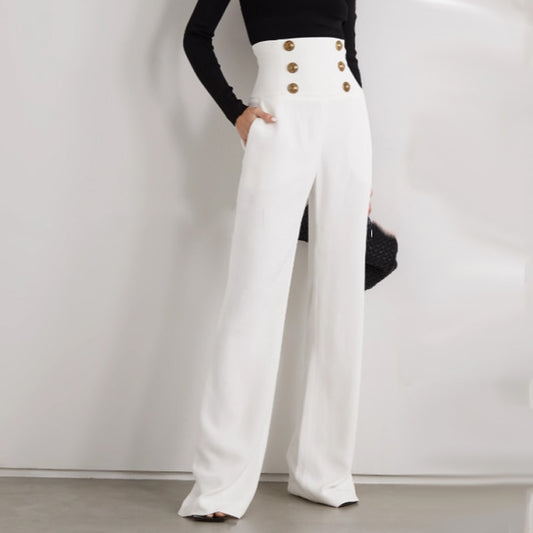 HarleyFashion New Trendy Women Summer Elegant Empaire Waist Buttons Full Length Solid Casual White Wide-leg Pants