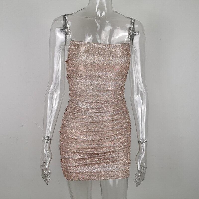 BE HYGGE Summer Sparkle Ruched Mini Dress Solid Champagne Glitter Women Club Wear Sexy Sleeveless Daily Outfit Mint Party Dress