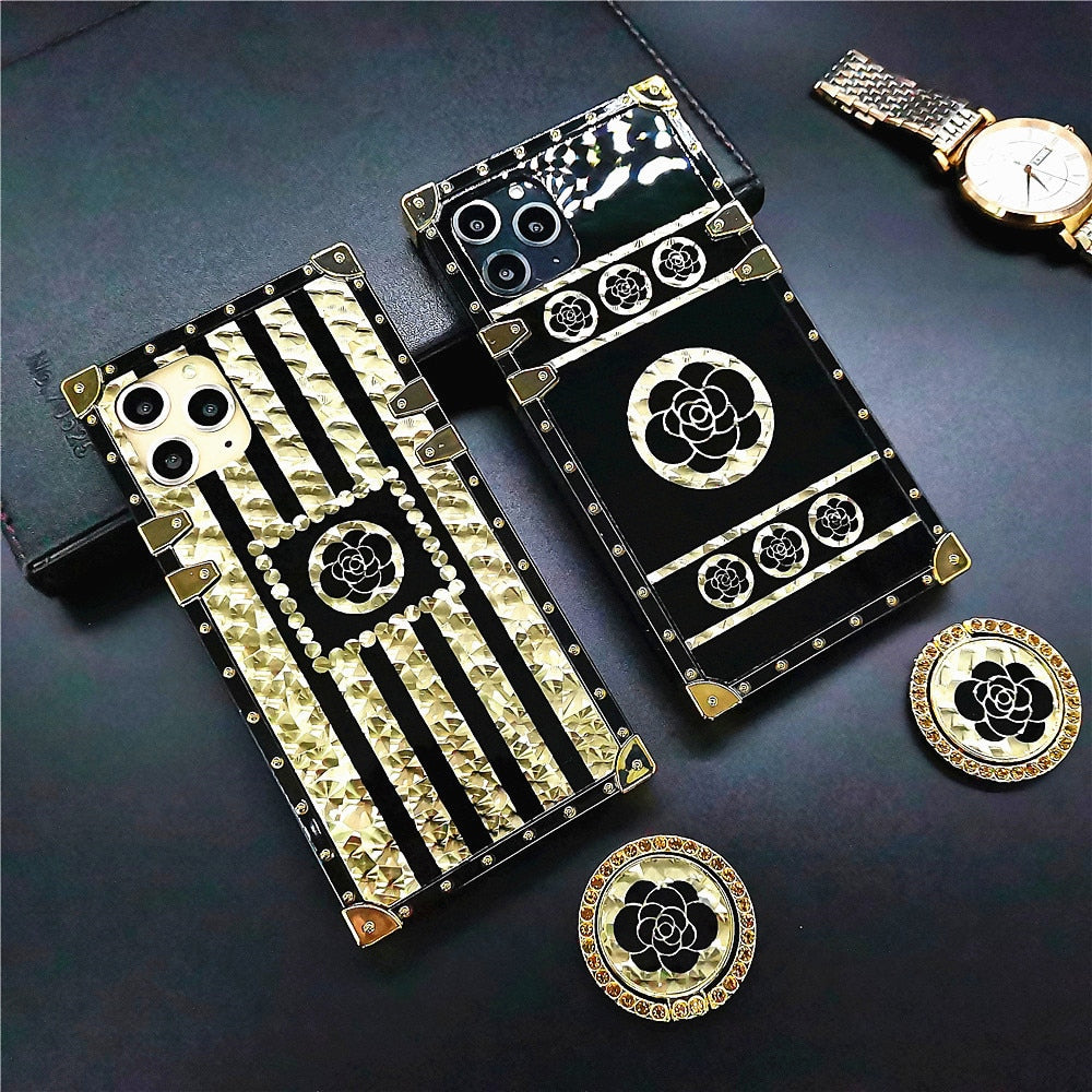 Glitter Flower Case for iphone 14 PRO 13 PRO MAX 11 12 PRO MAX Gold Square Cover for Samsung S21 Ultra S22 Plus S10 S20 Note 20