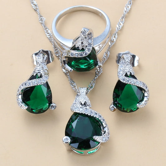 Enchanting Water Drop Green Stone 925 Mark Jewelry Sets Stud Earrings/Necklace/Pendant/Ring For Women Wedding Gift
