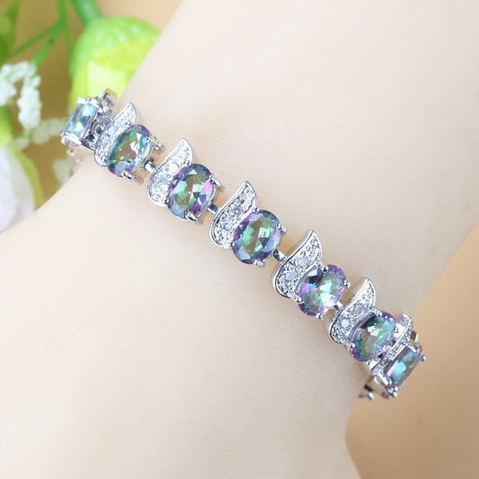 12-Color Mystic Rainbow Stone CZ Jewelry Women Costume 925 Mark Chain Bracelet Bangle Adjustable Length 18+3CM