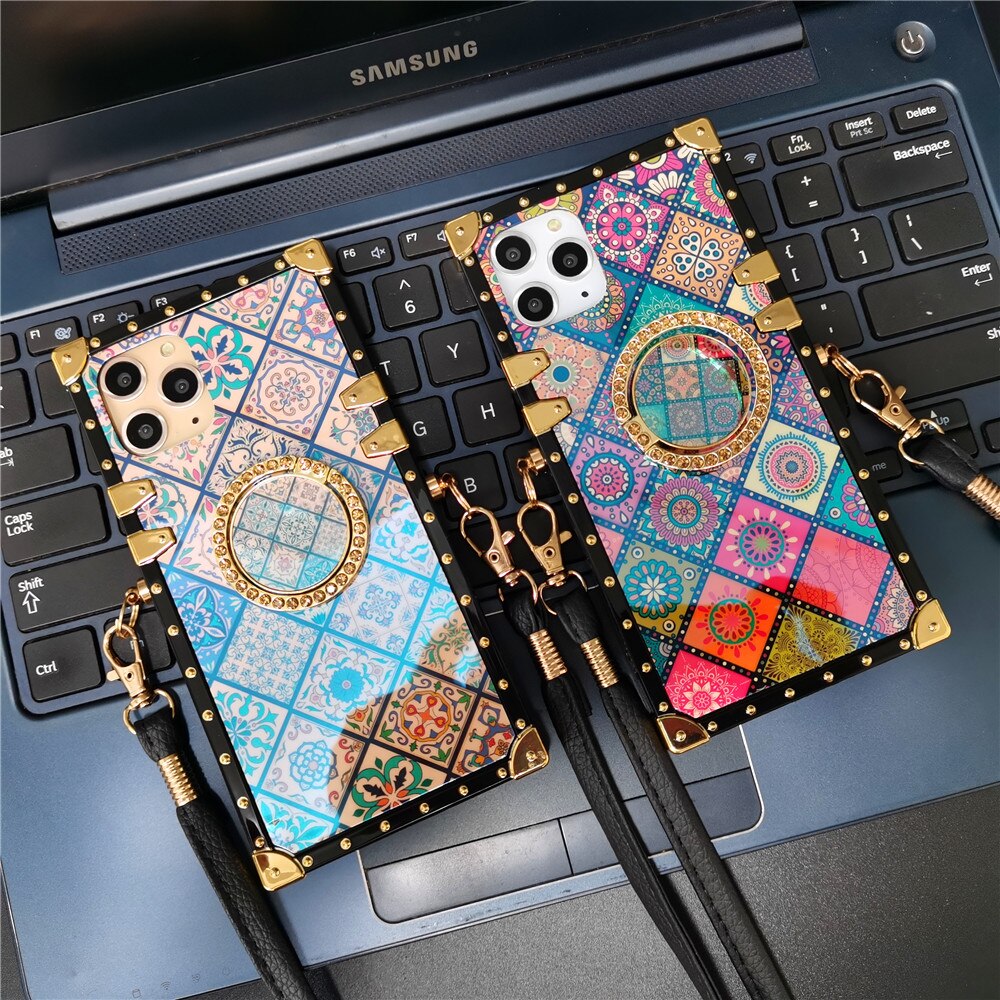 Luxury Glitter Flower Cover Square Lanyard Strap Case for iPhone 12 PRO MAX XS X XR 11 13 PRO 14 PRO MAX 7 8 14 Plus Phone Cases
