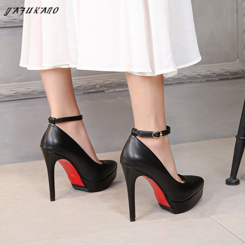 Fashion One Word Buckle Pointed Toe High Heels 12cm Sexy Platform Thin Heels Lady Party Pumps Career Work Shoe Small Size 32 33