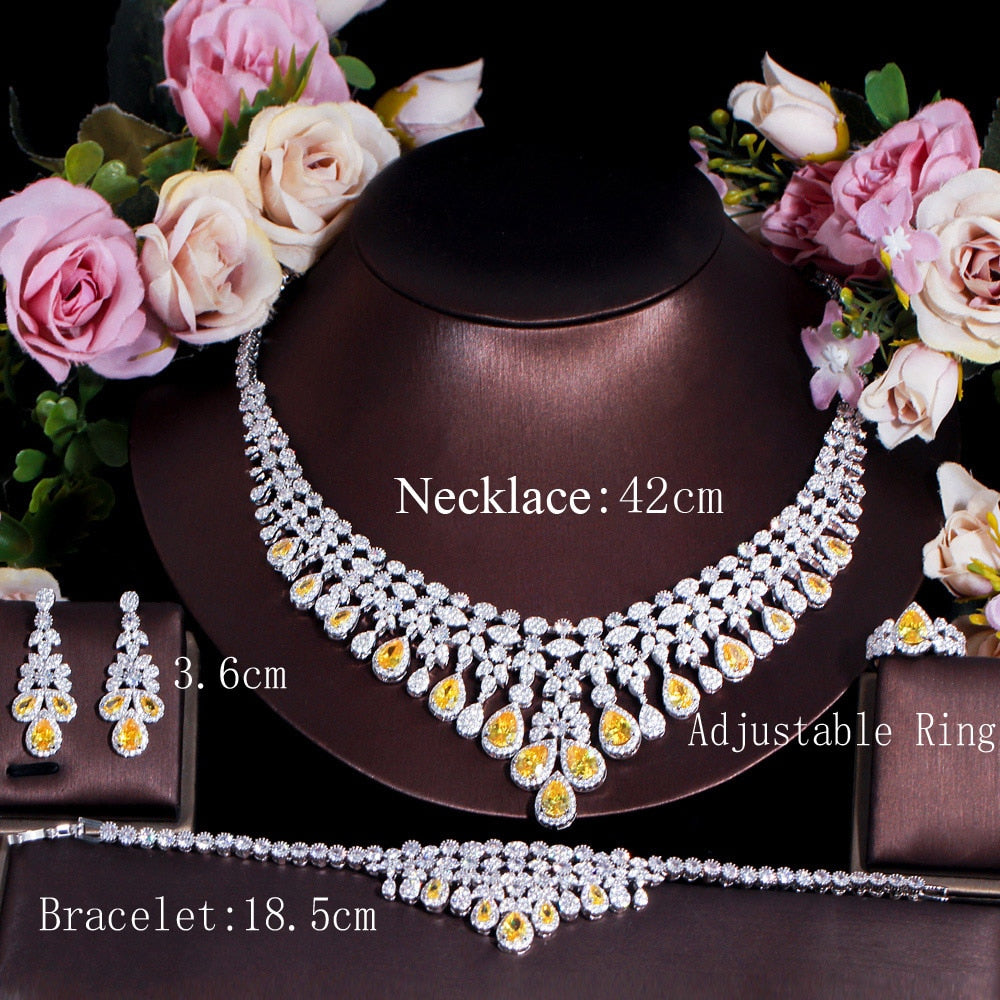 CWWZircons 4pcs Yellow Cubic Zirconia Fringe Dangle Drop Large Necklace Luxurious Wedding Bridal Jewelry Set Accessories T608