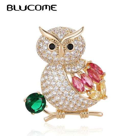 Blucome Luxury Colorful Cubic Zircon Owl Bird Brooches Corsage Gold Color Copper Women Weddings Banquet Brooch Lapel Pins Gifts