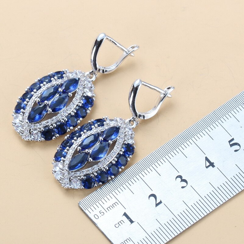 Luxurious Big Jewelry Sets Silver Color With Natural Stone CZ Blue AAA+ Wedding Accessories Dangle Earrings/Bracelet Ring