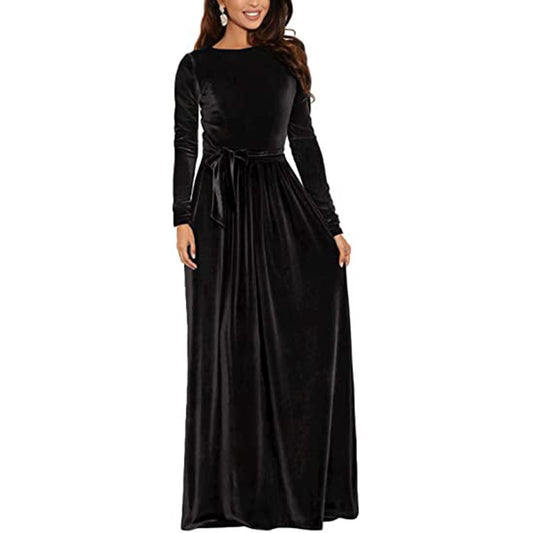 2022 O-neck Long-Sleeve Black Velour Evening Dresses Mermaid Party Gowns Maxi Elegant Multi Female Robes vestidos AE0792