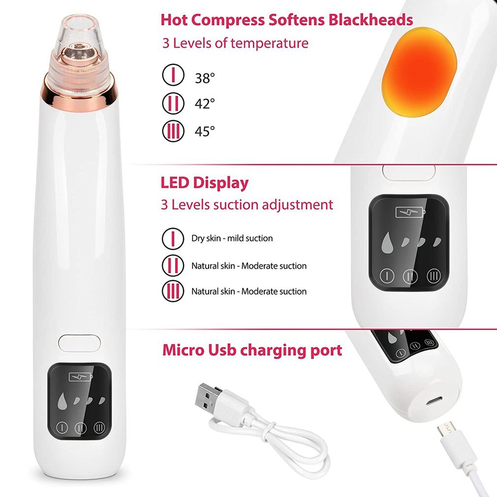 Blackhead Remover Pore Cleaner Blackhead Suction Tool With Hot Compress USB Pore Vacuum Facial Pore Cleanser With LED Display