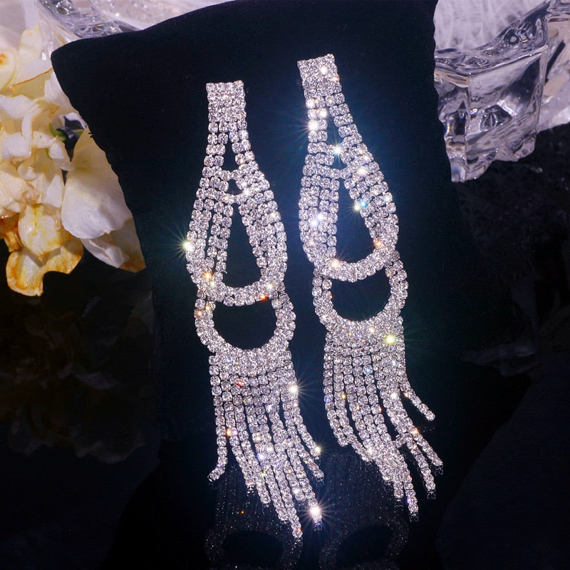 Luxury Bling Crystal Rhinestone Long Tassel Dangle Earrings for Women Wedding Bridal Big Drop Earrings Brincos Jewelry Bijoux