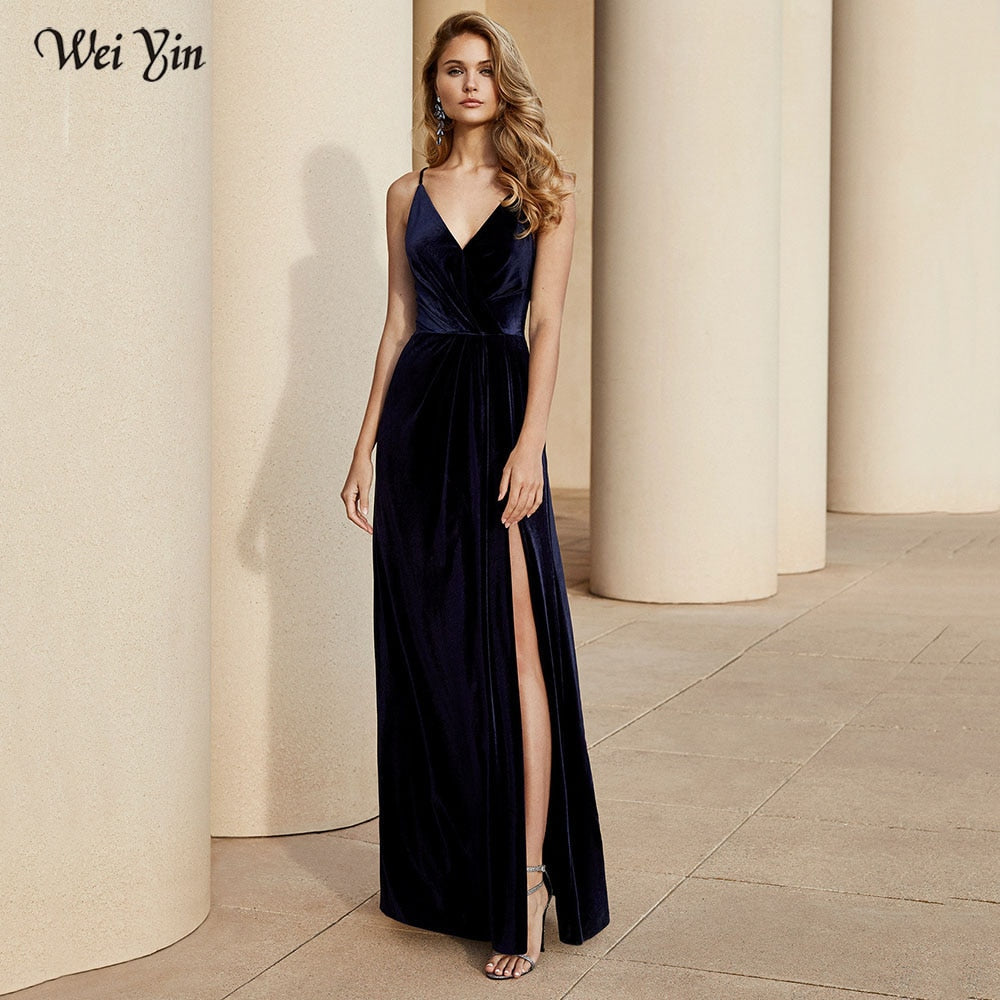 Weiyin AE0587 Beach Evening Dress Long Elegant Velour Prom Dress V Neckline Party Gowns Vintage Special Occasion Gowns