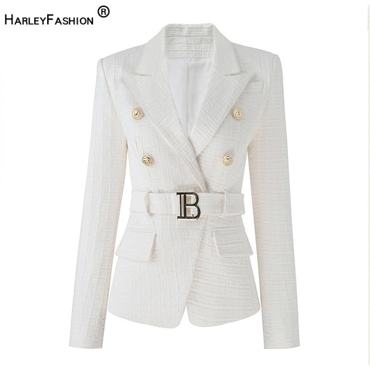 HarleyFashion New Designs Women White Texture Blazer with Belt Chic Popular Quality Femmale Bodycon Coat
