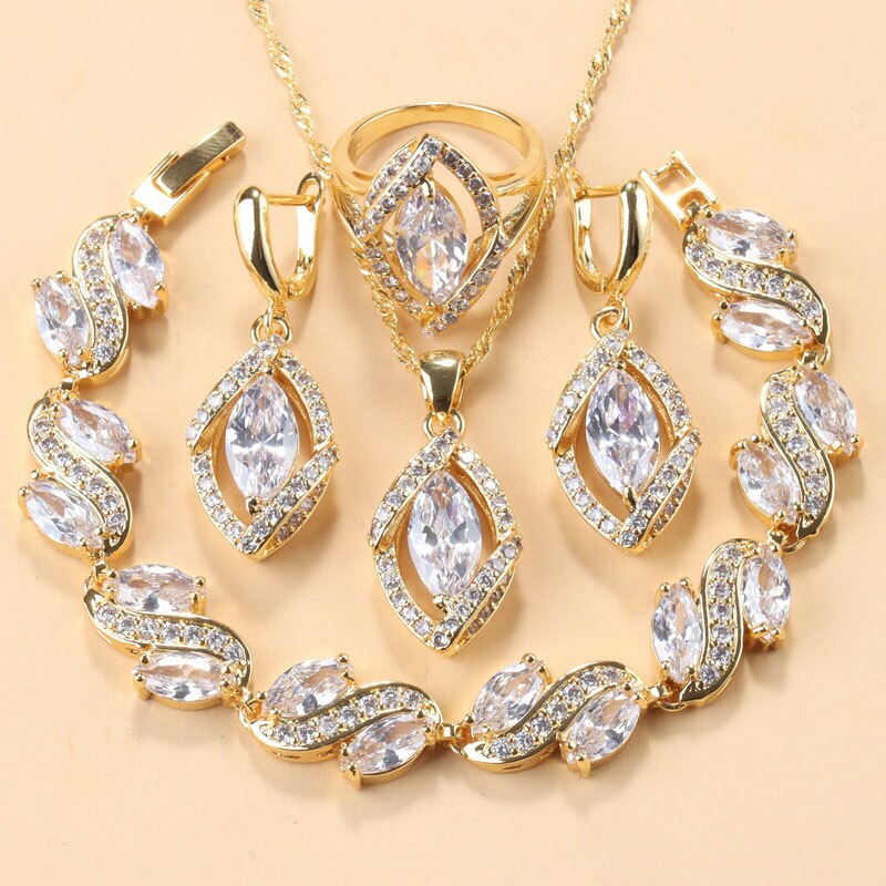 African Bridal Fashion Wedding Jewelry Sets Yellow Gold Colors Women Costume Blue Stone Bracelet And Ring Necklace Sets