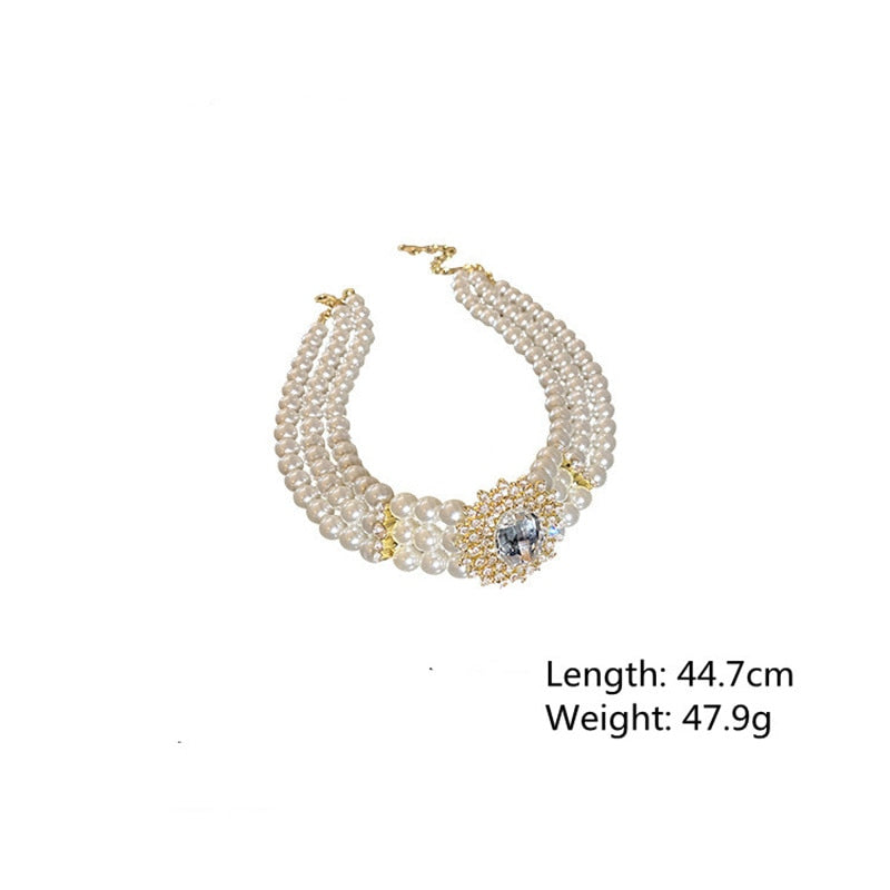 FYUAN Vintage Palace Multilayer Pearl Choker Necklaces for Women Oval Geometric Crystal Necklaces Weddings Bride Jewelry