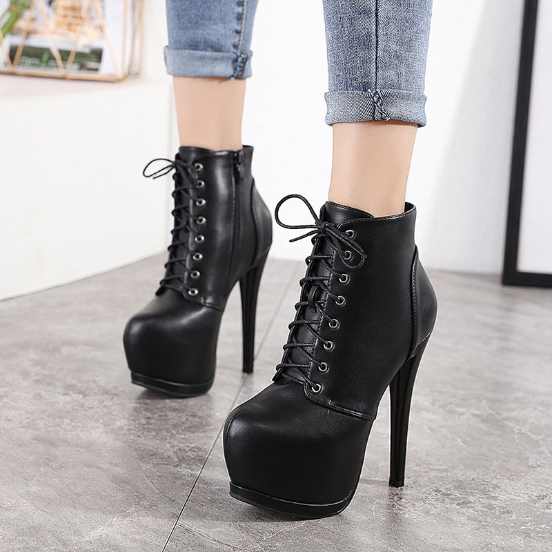 Women Autumn Ankle Boots Sexy High Heels Platform Boots Round Toe Leather Booties Black Shoes Ladies Party Shoes New 2022