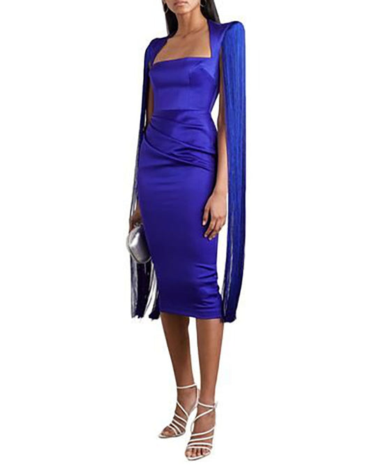 HIGH STREET Latest 2022 Fashion Star Style Designer Women's Square Collar Satin Tassel Slim Party Dress