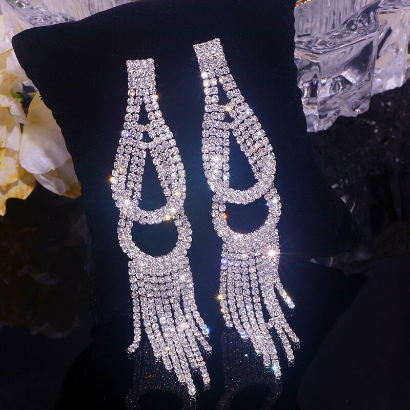 Luxury Bling Crystal Rhinestone Long Tassel Dangle Earrings for Women Wedding Bridal Big Drop Earrings Brincos Jewelry Bijoux