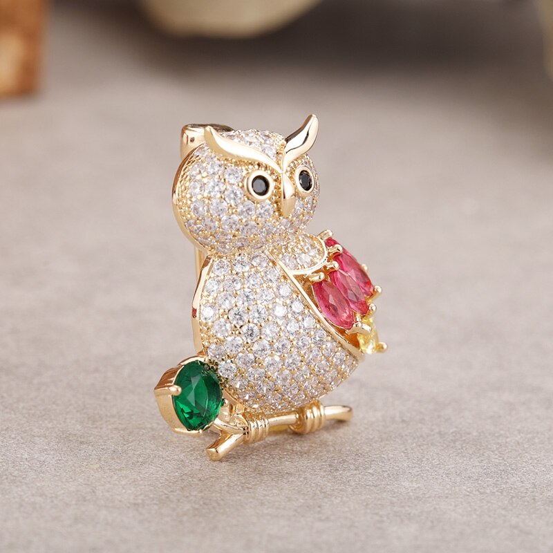 Blucome Luxury Colorful Cubic Zircon Owl Bird Brooches Corsage Gold Color Copper Women Weddings Banquet Brooch Lapel Pins Gifts