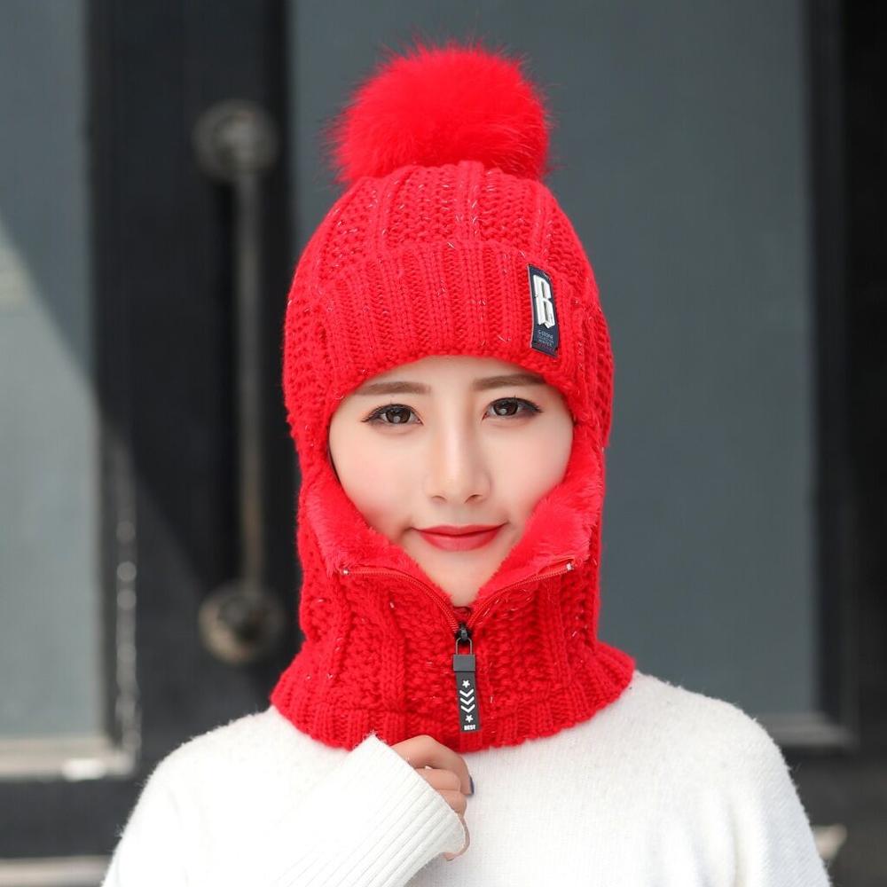 Women Wool Knitted Hat Ski Hat Sets For Female Windproof Winter Outdoor Knit Warm Thick Siamese Scarf Collar Warm Hat Girl Gift