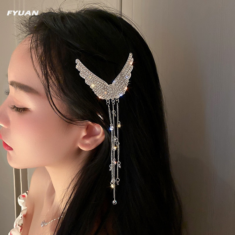 FYUAN Korean Style Beautiful Wings Hairpins for Women Long Tassel Rhinestones Crystal Hair Accessories Weddings Jewelry