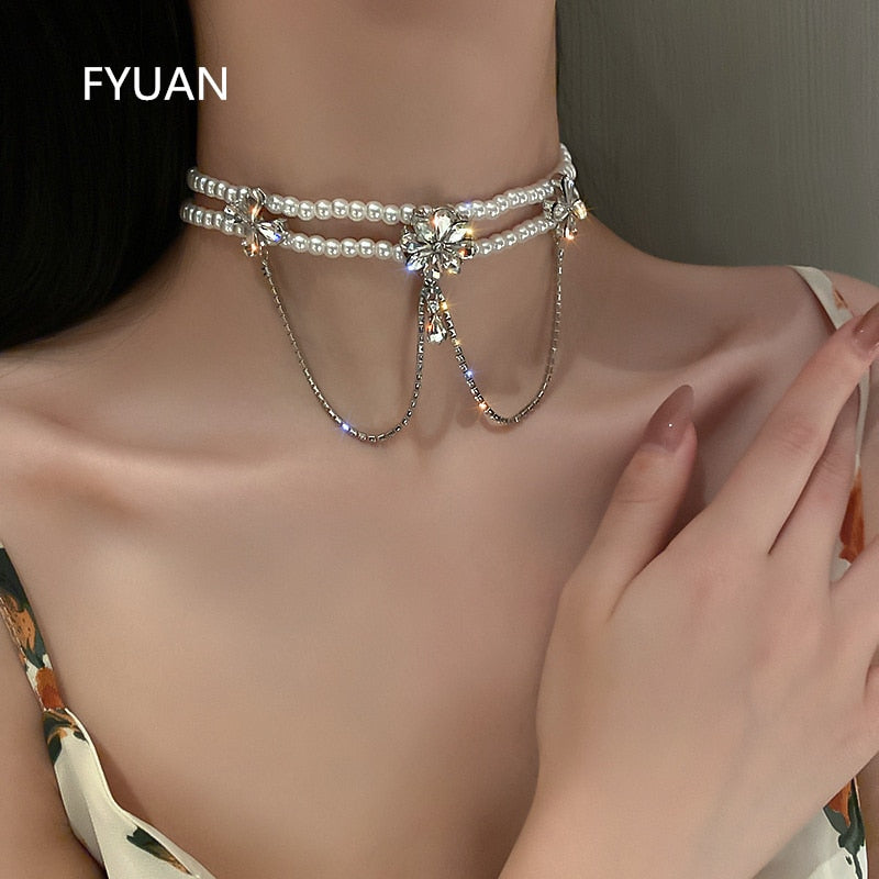 FYUAN Korean Style Flower Crystal Choker Necklaces for Women Long Tassel Pendant Pearl Necklaces Wedding Banquet Jewelry