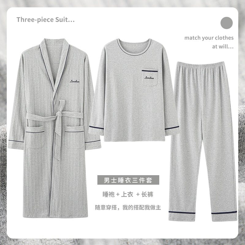 New 3 Piece Autumn Winter Warm Men Pajamas Set Lattice Simple Robe Long Female Cotton Sleepwear Suit Soft Home Men Pyjamas Set