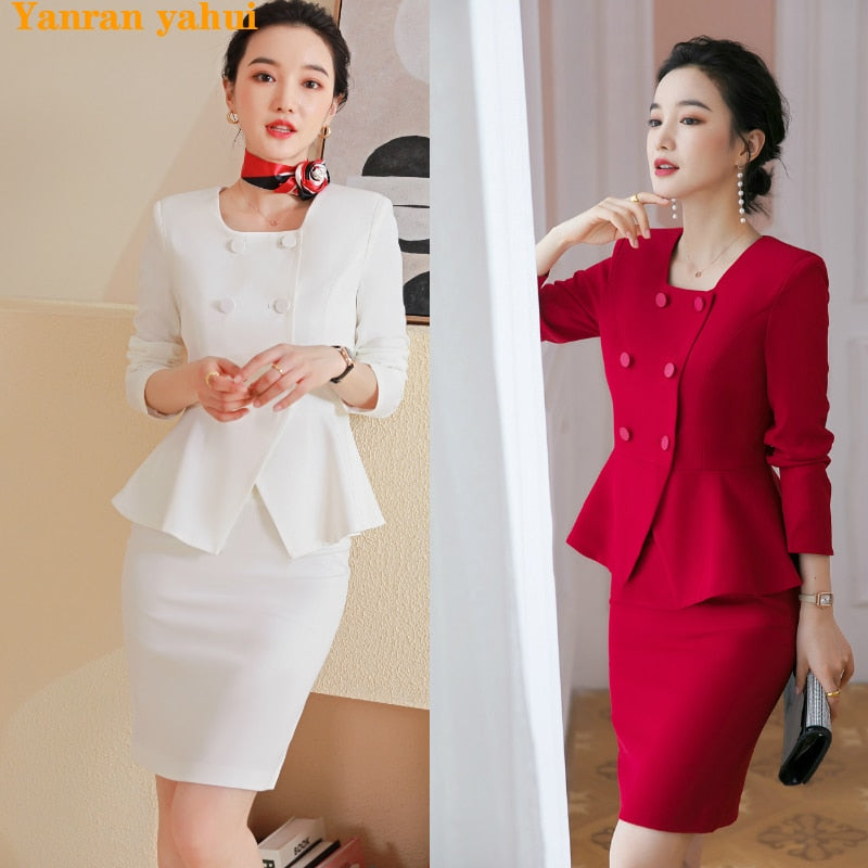 Long-sleeved Knee Length Midi Skirt Suit Jacket Office Lady Suit Set Asymmetrical Slimming Jacket Business Suit For Women Skirt