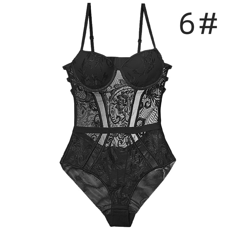 Sexy Lingerie For Women Bodysuit Lace Push Up Underwire Floral Pattern Hollow Out Back Bra and Panties Set Gift For Girlfriend