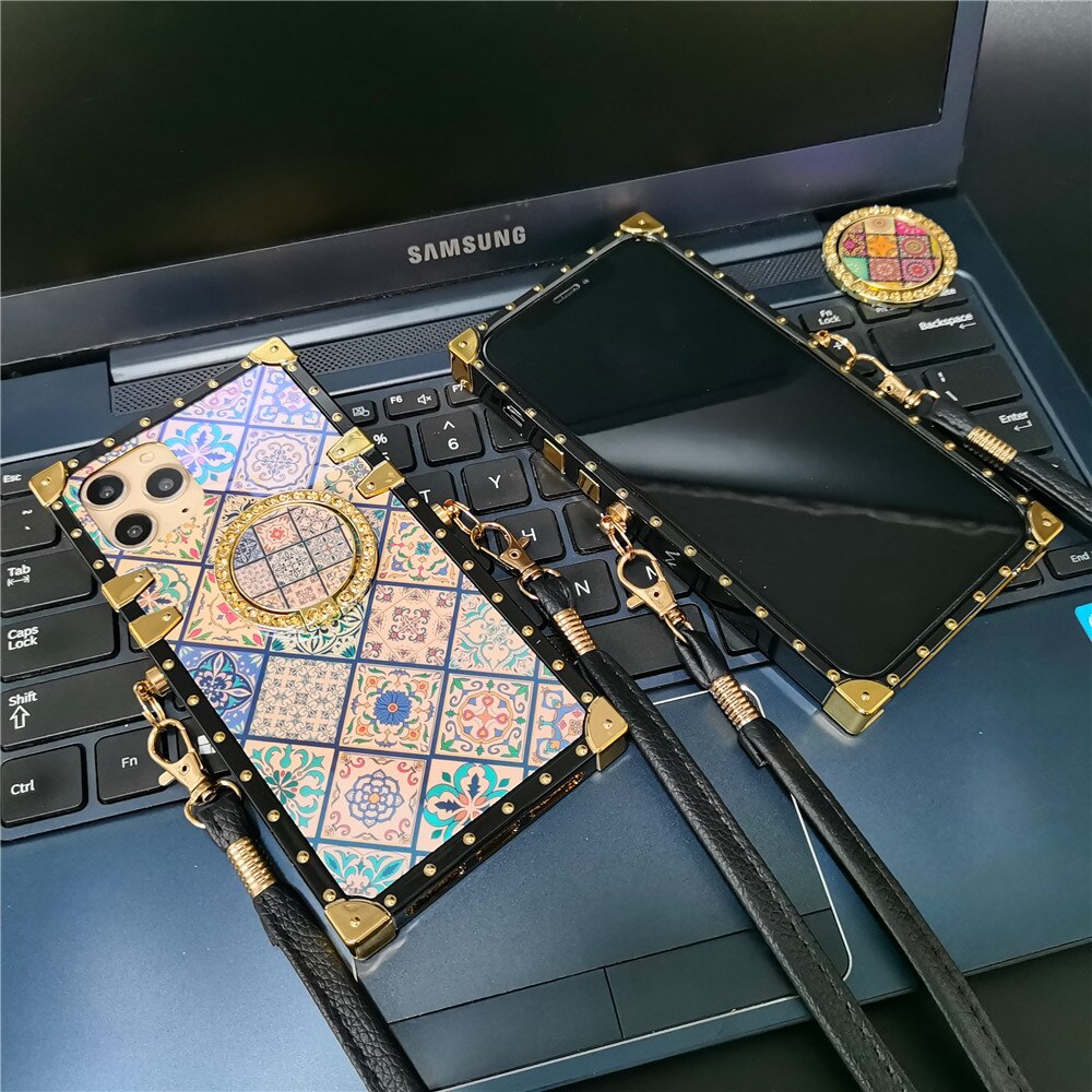 Luxury Vintage Flower Case For iPhone 13 PRO Max XS X XR Square Plaid Cover Lanyard Case for iphone 14 12 PRO 11 6S 7 8 14 Plus