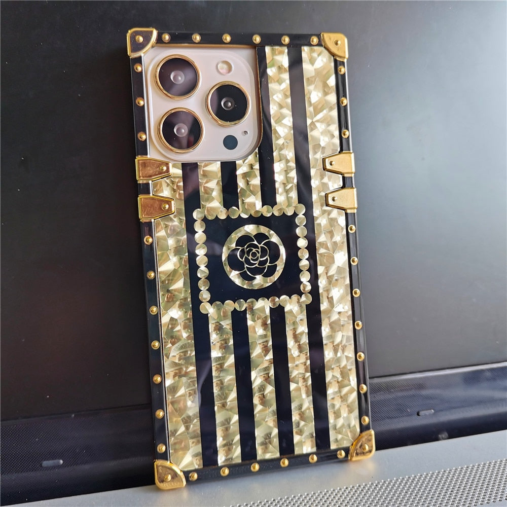 Luxury Brand Glitter Gold Rose Flower Case For IPhone 13 PRO MAX 11 12 14 PRO MAX 6 7 8 14 Plus XR X XS Bling Square Phone Cover
