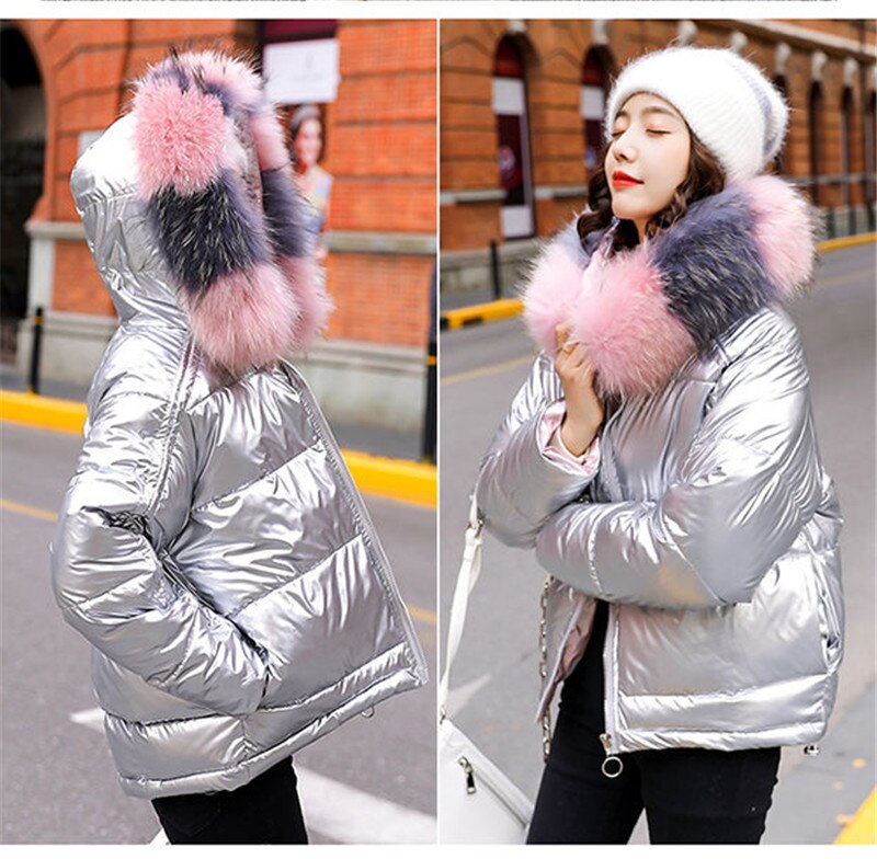 2021 New Winter Jacket Women&#39;s Parka Fur Collar Hooded Down Cotton Jacket Female Glossy Casual Cotton Padded Parkas Outerwear