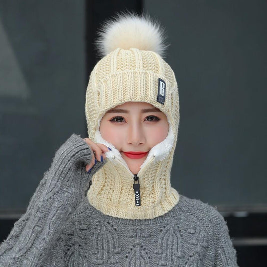 Women Wool Knitted Hat Ski Hat Sets For Female Windproof Winter Outdoor Knit Warm Thick Siamese Scarf Collar Warm Hat Girl Gift