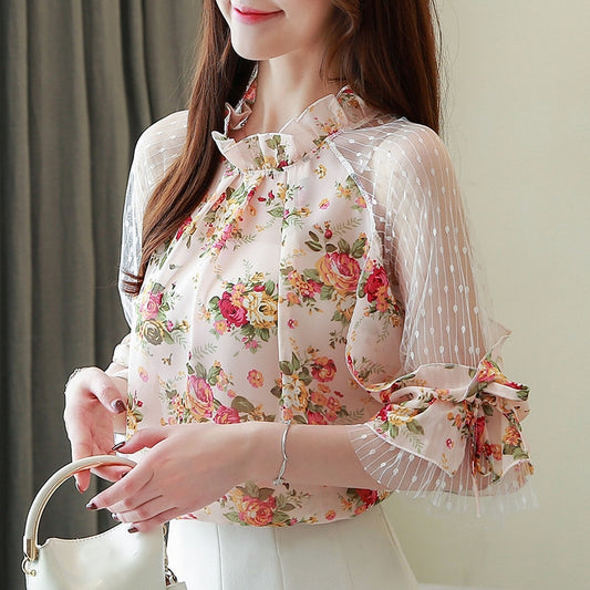 Blusas Mujer 2022 Summer Women Tops and Blouses Camisas Mujer Floral Print Lace Chiffon Blouse Fashion Chic Women Shirts 4068