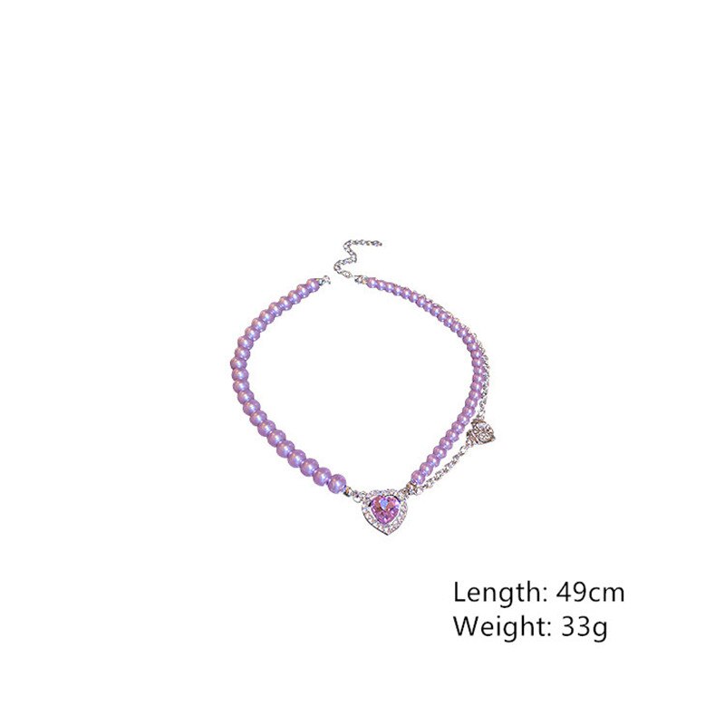 FYUAN Korean Style Heart Crystal Choker Necklaces for Women Purple Pearl Necklaces Party Jewelry Gifts