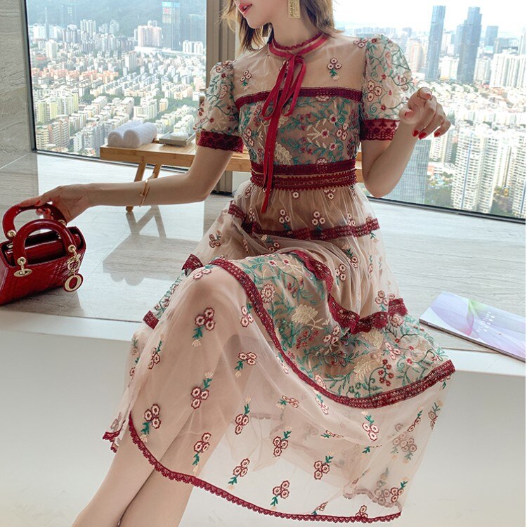 High Quality 2020 Summer Designer Mesh Lace Dresses Women Short Sleeve Vintage Flower Embroidery Party Midi Dress Vestidos