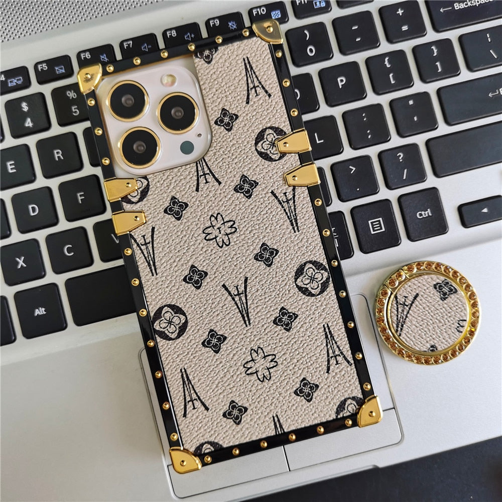 Luxury Flower Geometric Pattern Square Leather Phone Case For iPhone 14 PRO MAX 13 PRO 12 11 X XS XR 6S 7 8 14 Plus Soft Cover