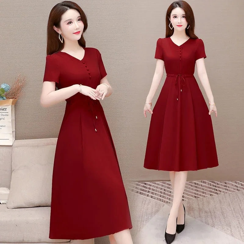 Korean Short Sleeve Midi A-Line Dress Women Summer Fashion Adjustable Waist Casual Dresses Plus Size 5Xl 4Xl Vestidos Elegante