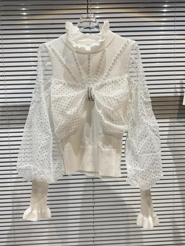 HIGH QUALITY New Fashion 2022 Designer Shirt Women's Bowknot Polka Dot Mesh Sleeve Blouse Knitted Blouse Tops