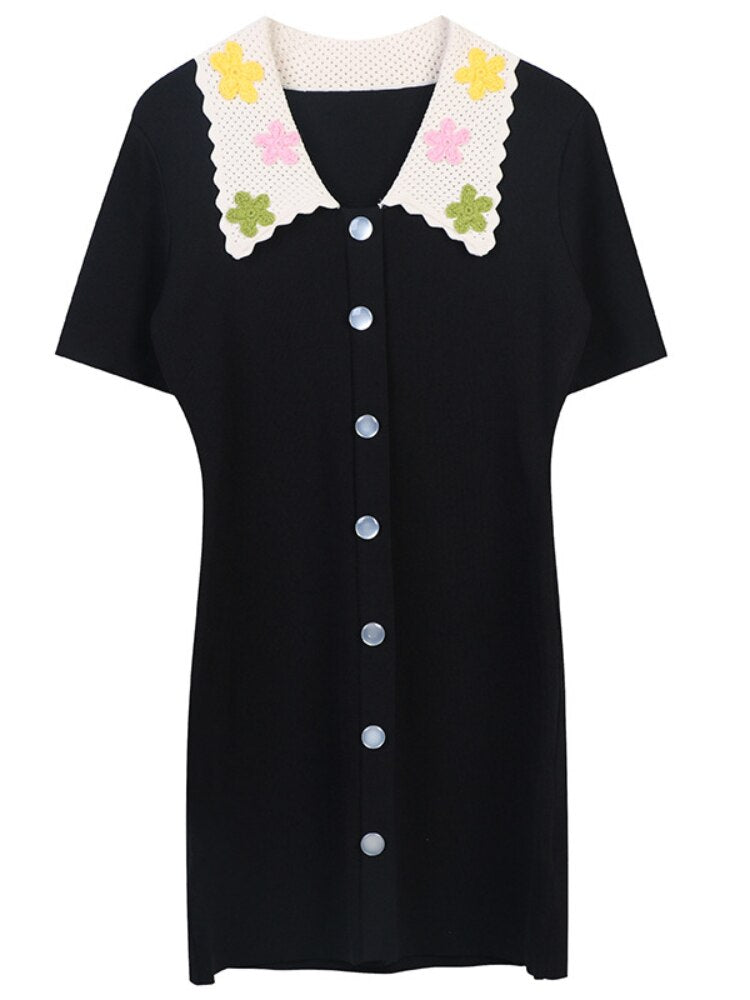 Summer Flower Embroidery Dresses for Women 2022 Korean Fashion Elegant Black Knitted Dress Short Sleeve Vestidos De Fiesta