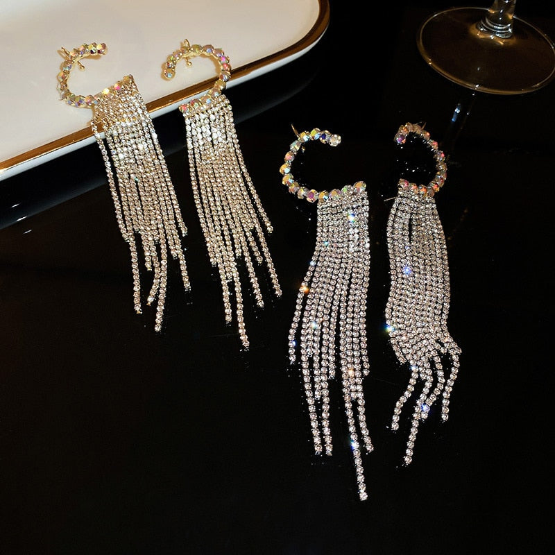 FYUAN New Long Tassel Rhinestone Drop Earrings for Women Colorful  Zircon Crystal Ear Clip Earrings Weddings Jewelry Gifts